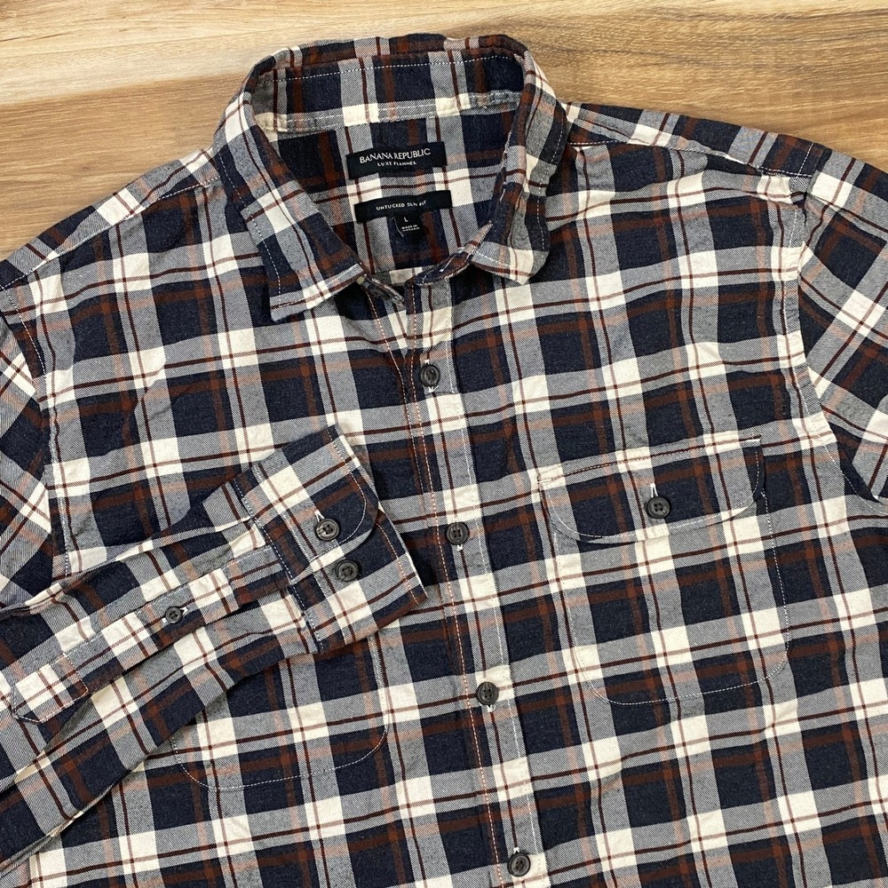 Banana Republic Flannel Shirt Mens‎ L Luxe Plaid Cotton Slim Fit Brown Casual